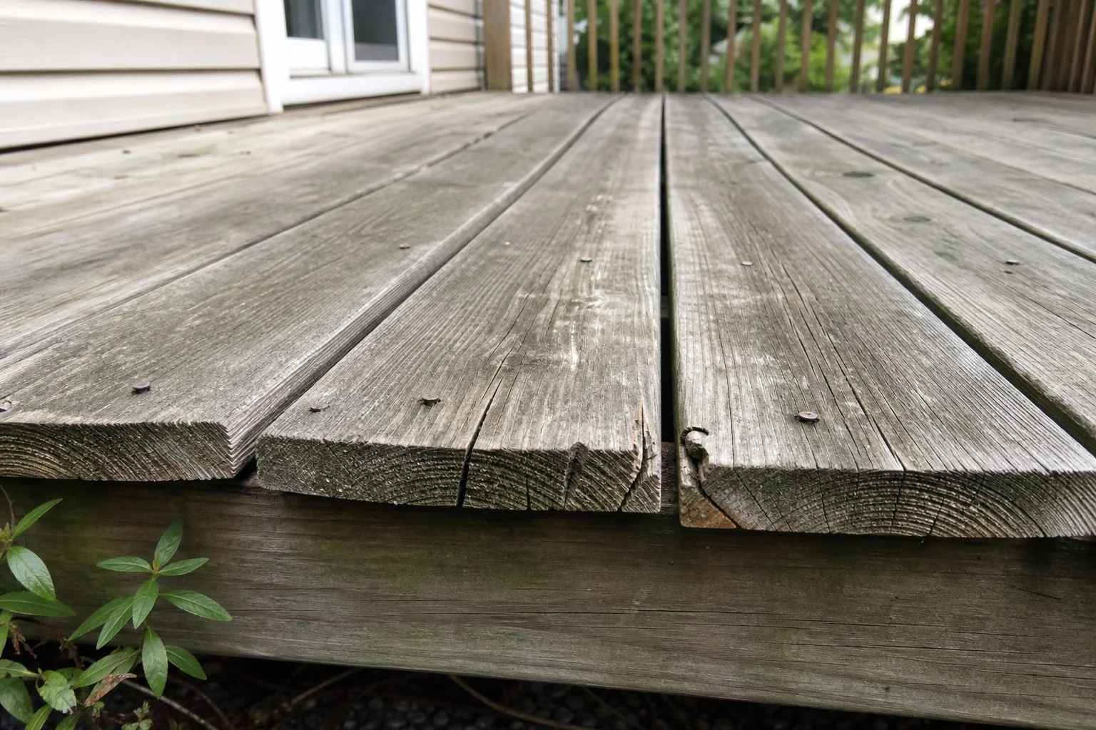A close-up view of wood deck boards being checked for cupping, raised fasteners, and splits