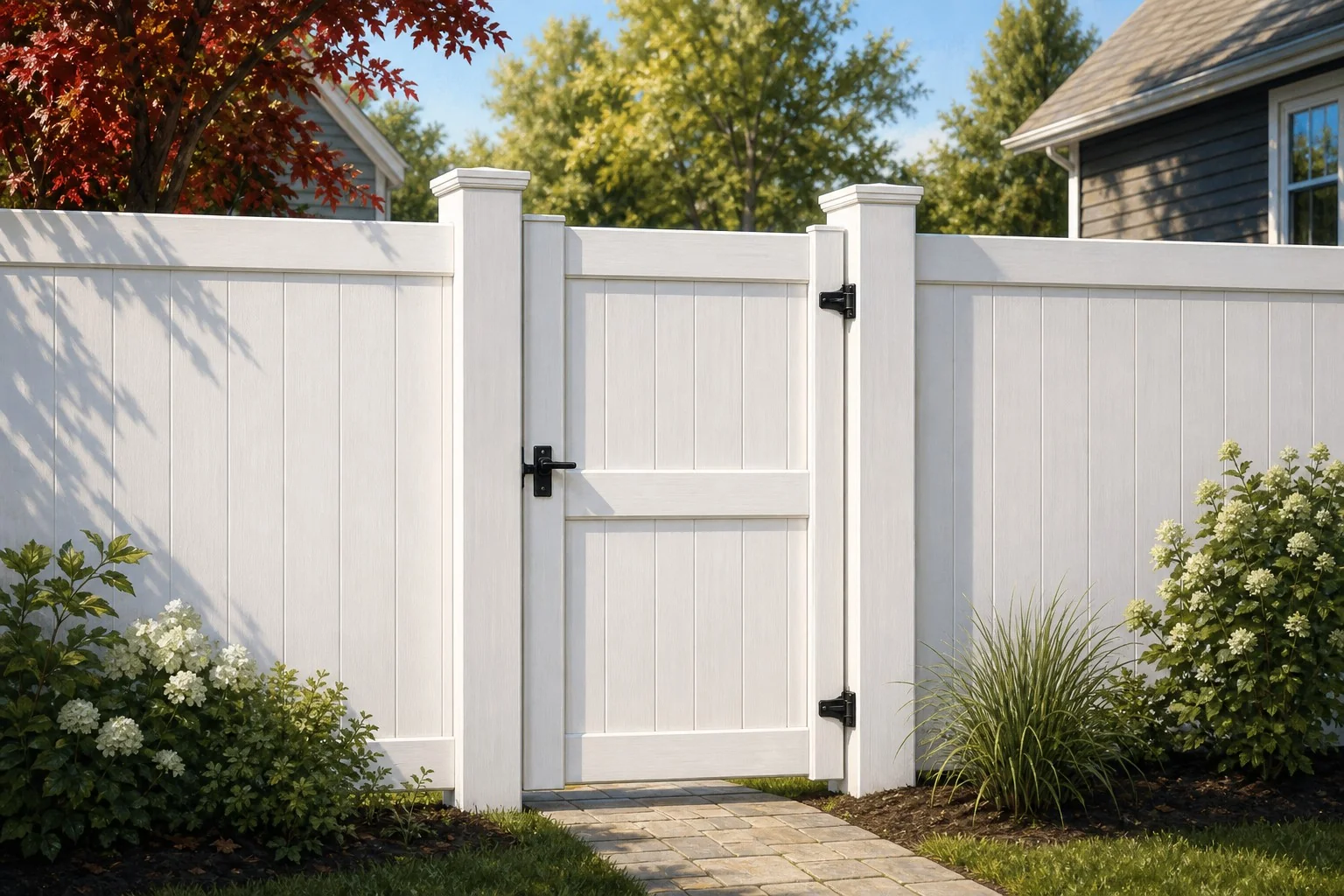 A finished white vinyl fence with a slightly slimmer gate frame between substantial support posts
